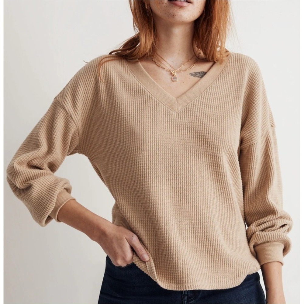 Madewell Women's Waffle Knit V-Neck Long-Sleeve Sweater Toasted Sesame Size L